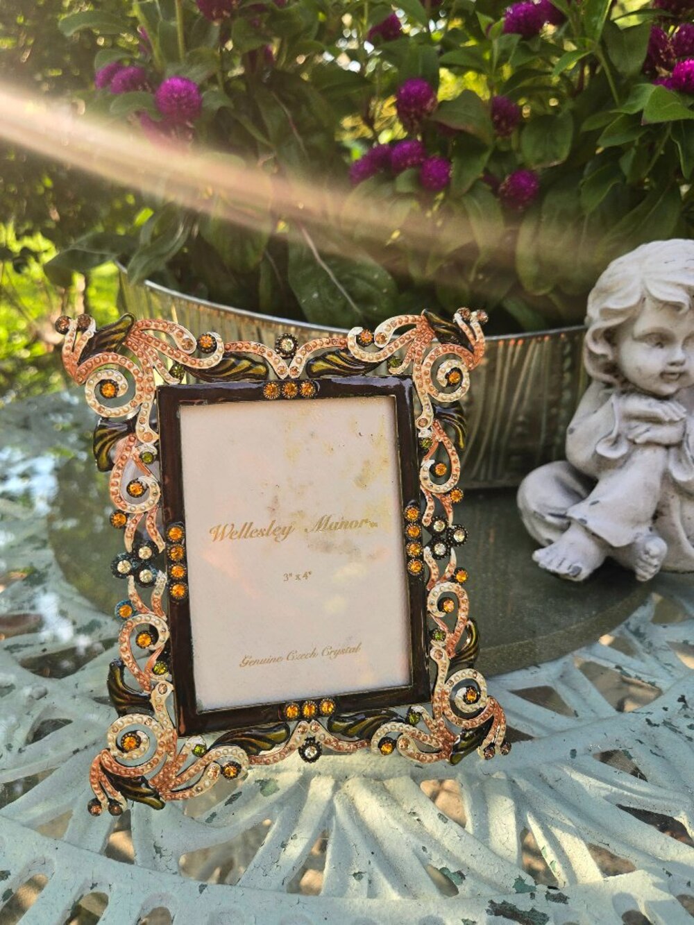 Vintage Wellesley Manor Picture Frame Ornate Gold Jeweled Genuine Czech Crystal